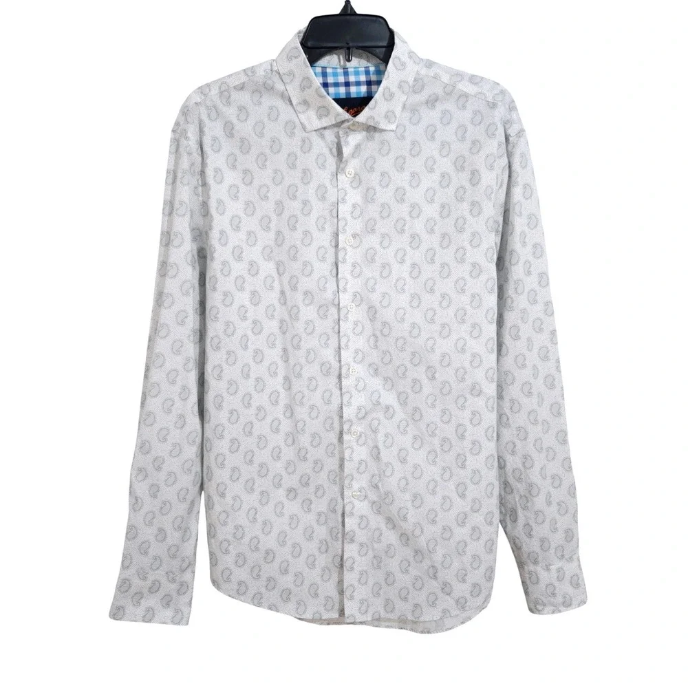 Egara Modern Fit Stretch Non Iron Button Down Shirt Mens Large White Paisley